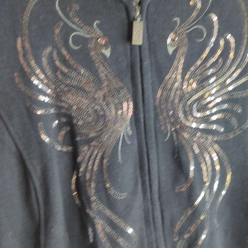 Bob Mackie Wearable Art Black Sequin Phoenix Full Zip Sweater S Cardigan Jacket